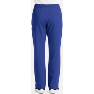 A pair of blue men's cargo pants featuring a fly front and elastic waistband, with back pockets visible.