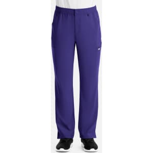 Men's cargo pants in a vibrant purple colour, featuring multiple pockets and an elastic waistband. Includes a logo.