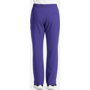 A pair of purple cargo pants featuring multiple pockets and an elastic waistband, viewed from the back.