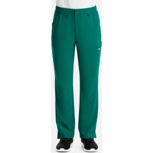 Men's cargo pants in a vibrant teal colour with an elastic waistband and multiple pockets. Features a logo.