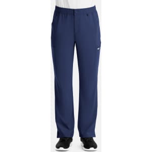 Men's navy cargo pants with a fly front design, featuring multiple pockets and an elastic waistband.