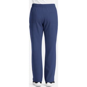 Men's cargo pants in navy blue, featuring a fly front and elastic waistband, with side and back pockets.