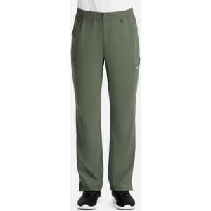 Men's cargo pants in olive green featuring a fly front design and multiple pockets, with a logo on one pocket.