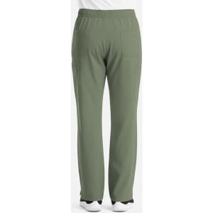 A pair of olive green cargo pants with multiple pockets and an elastic waistband, showing the back view.