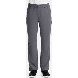 A pair of grey men's cargo pants featuring a fly front, side pockets, and an elastic waistband.