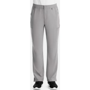 Men's cargo pants in light grey, featuring a fly front, elastic waistband, and side pockets. Branding is present.