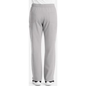 Grey cargo pants with a fly front and multiple pockets, featuring an elasticised waistband.