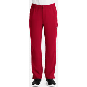 Red men's cargo pants featuring a fly front design and side pockets, with a logo on one pocket.