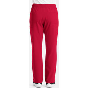 Red cargo pants featuring a fly front design and multiple pockets on the back. Includes branding on the waistband.