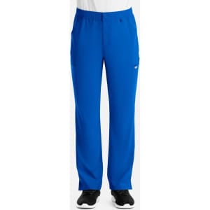 A pair of blue cargo pants with a fly front, featuring side pockets and an elastic waistband. The pants have a logo.