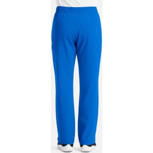 A pair of blue men's cargo pants featuring a fly front and elastic waistband, with back pockets and side cargo pockets.