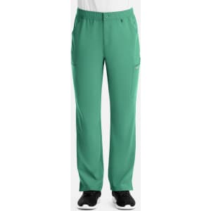 Green men's cargo pants with a fly front design and side pockets, featuring a logo.