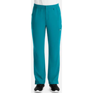 A pair of teal men's cargo pants with a fly front design and side pockets, featuring a logo on the fabric.