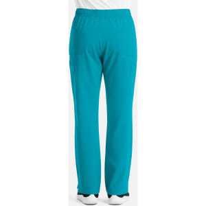 A pair of men's cargo pants in a vibrant turquoise colour, featuring an elastic waistband and multiple pockets.