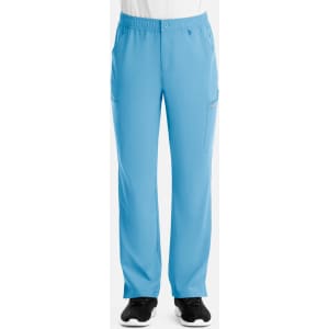 Light blue cargo pants with a fly front design, featuring pockets on the sides and a logo. Suitable for men's wear.