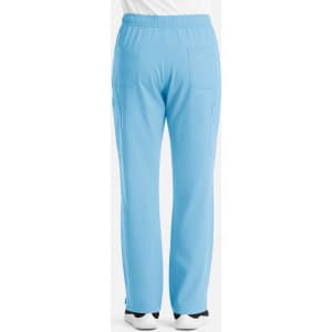 A pair of light blue cargo pants with an elastic waistband and multiple pockets, viewed from the back.