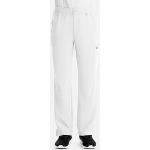 A pair of white cargo pants featuring a fly front design and side pockets, complete with a logo.