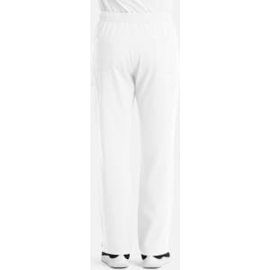 White cargo pants featuring a fly front design, with an elastic waistband and side pockets. Includes branding.