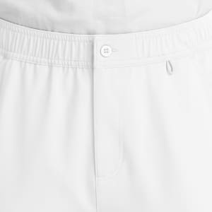 White cargo pants featuring a fly front, button closure, and elastic waistband. Includes side pockets and a logo.