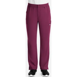 Men's cargo pants in dark burgundy with a relaxed fit and elastic waistband. Features side pockets and a branded logo.