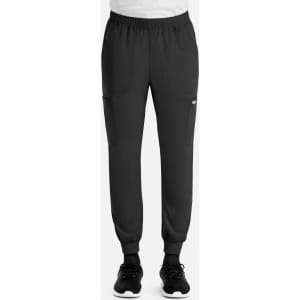 A pair of men's full elastic joggers in black, featuring side pockets and elastic cuffs at the ankles.