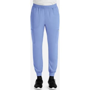 Light blue full elastic jogger pants with side pockets, featuring a black logo on the leg.