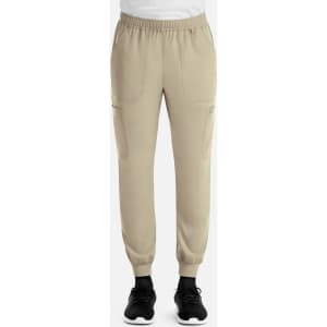 A pair of men's full elastic joggers in beige, featuring side pockets and cuffs at the ankles.