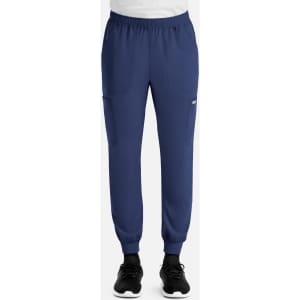A pair of navy full elastic joggers with side pockets, featuring a small logo on the front.