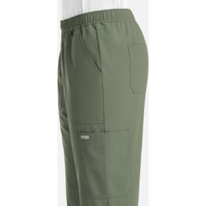 A pair of green men's joggers with full elastic waist and pockets, featuring a small logo on the leg.