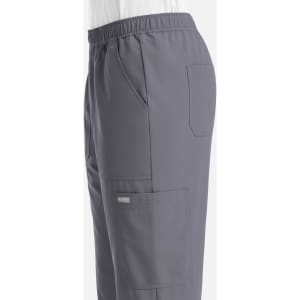 A grey jogger with a full elastic waistband and multiple pockets, featuring a subtle brand logo.