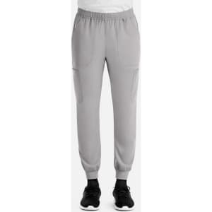 A pair of grey full elastic joggers with ankle cuffs and side pockets, featuring a logo.