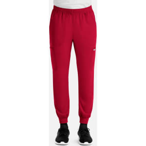 A pair of men's joggers in red, featuring full elastic waistband and pockets, displayed on a neutral background.