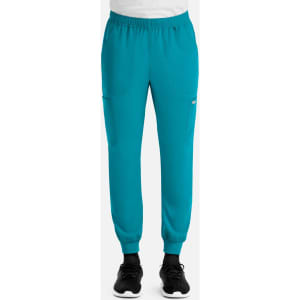 A pair of men's joggers in teal with an elastic waistband and side pockets. Features a logo on the leg.