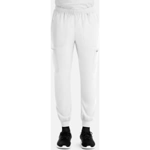A pair of men's full elastic joggers in white, featuring pockets and a fitted cuff at the ankles.