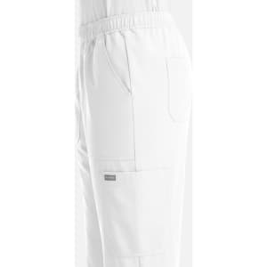 A white men's jogger featuring an elastic waistband and side pockets, with a small logo detail on the side.