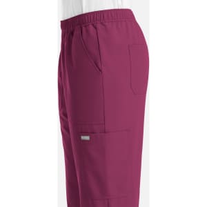 A pair of men's full elastic joggers in a deep burgundy colour, featuring side and cargo pockets.