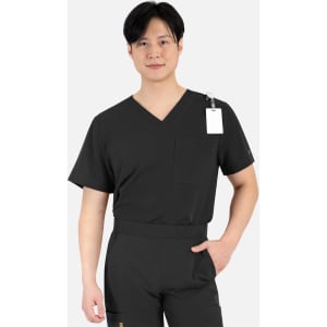 A men's V-neck top in black with contrast piping and a chest pocket, featuring a tag attached.