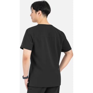 A men's black V-neck top with contrast piping, featuring a back view and a logo on the sleeve.