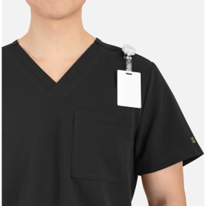 A black men's V-neck top featuring contrast piping and a pocket, with a badge holder on the shoulder.