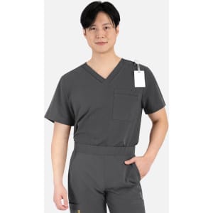 A grey men's v-neck top featuring a contrasting piping detail and a pocket. It includes a tag and has a minimalist design.