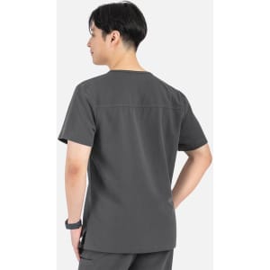 A men's grey V-neck top featuring contrast piping and a relaxed fit, with a visible logo.