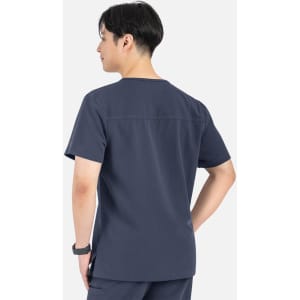 A navy blue men's V-neck top with contrast piping, featuring a simple design and a logo.