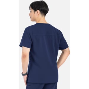 A navy blue men's V-neck top with contrast piping, featuring a logo and a relaxed fit.