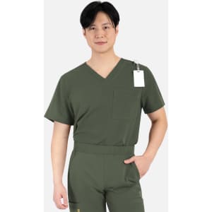 A men's dark green V-neck top with a chest pocket, featuring a tag and contrast piping details.