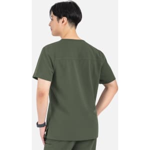 A men's v-neck top in olive green with contrast piping, featuring a back view and a logo.