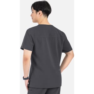 A grey men's V-neck top with contrast piping, featuring a back view and a logo.