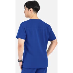 A blue V-neck top with contrasting piping, featuring short sleeves and a back view of a male model.