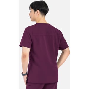 A men's V-neck top in burgundy, featuring contrast piping and a logo on the sleeve, shown from the back.