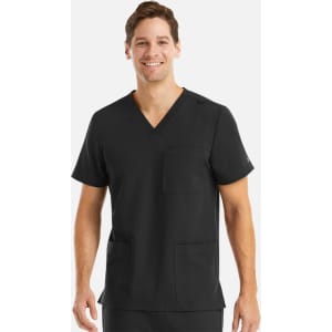 A men's black V-neck top featuring three pockets, designed for comfort and functionality. It includes a branding logo.