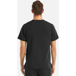 A men's black V-neck top with three pockets, featuring a streamlined design and a logo.